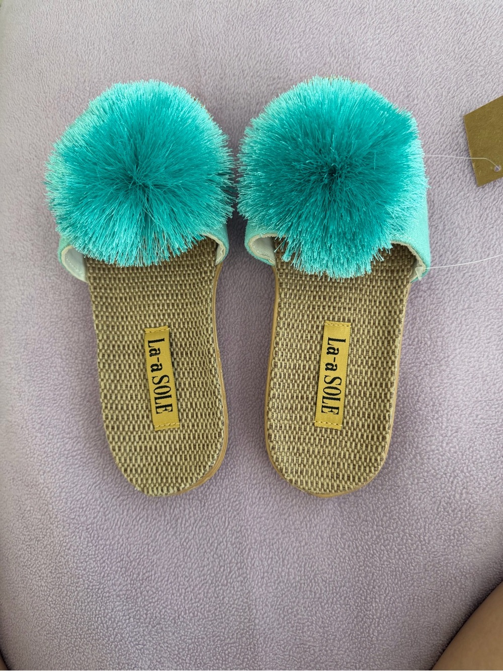 Turquoise Pom-Pom Slide Sandals for Women